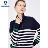 纳维凯尔意大利小帆船半开领针织衫女翻领条纹毛衣2334043501 蓝/白 L 