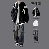 安初夏棒球服外套男套装春秋款潮牌痞帅夹克一整套搭配帅气牛仔裤三件套 外套黑+长白T+牛仔裤蓝【三件】 XL 建议120-140斤