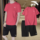 安踏（ANTA）运动套装男夏季冰丝速干休闲健身房跑步运动服宽松短袖两件套 【冰丝速干套装】柚红色/基础黑 L/175