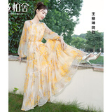 丝柏舍【明星同款】法式碎花连衣裙2025春新款女装度假风显瘦雪纺长裙 黄色花 S