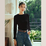 Olrain欧芮儿纯色坑条长袖T恤女春冬新款修身显瘦上衣内搭打底衫 黑色 XL