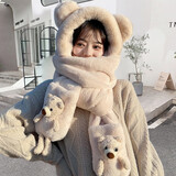 浩冠 小熊帽子女冬季可爱百搭毛线帽保暖毛绒帽围巾一体三件套秋冬天 杏色 均码