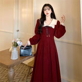 她戏法式复古双层领连衣裙学院风收腰显瘦中长裙子 红色 M
