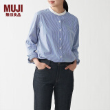 无印良品（MUJI）女式 棉水洗平纹 立领衬衫长袖休闲百搭衬衫 藏青色条纹 M