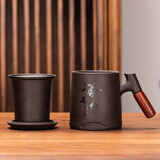瓷牌茗茶具紫砂茶杯陶瓷木柄马克杯茶水分离水杯带盖泡茶杯可定制节日礼物 紫砂《上善若水》木柄三件杯