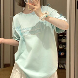 宁雨昔日系甜美风薄荷绿蝴蝶结刺绣圆领短袖t恤女纯棉宽松慵懒学生上衣 图片色 M
