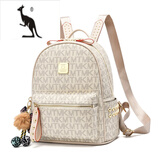 酷奇袋鼠轻奢双肩包女2025七夕头层牛皮字母印花少女旅行背包潮流百搭时尚 米白11