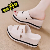 品牌断码真皮外穿坡跟一字拖女2023夏季新款增高女士软底凉拖鞋 米白色 36