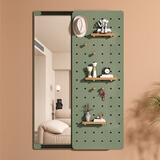 汇优隆实木洞洞板镜子一体推拉挂衣架入户玄关置物家用全身镜试衣穿衣镜 抹茶绿 宽50高140cm 实木材质