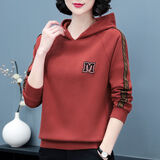 聆欣连帽卫衣女纯棉宽松韩版春秋装新款中年妈妈上衣减龄休闲长袖时尚 锈红色（春秋款） 2XL 建议105-120斤