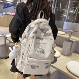 回力书包女高颜值初中生高中生大容量双肩包轻便百搭大学生背包电脑包 白色印花【冲天鸭挂件】