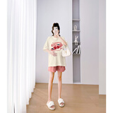 婧麒孕妇装夏装上衣短袖棉宽松T恤短裤遮肚子可爱印花套装大码韩版 T恤【樱桃】奶茶色Jwc63763 XL