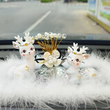 齐选一路平安小鹿汽车摆件车载中控台装饰品可爱卡通网红女神高档创意 镶钻白鹿+水晶花朵苹果+羽毛垫