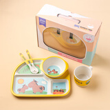 萌萌大师儿童餐具套装竹纤维宝宝餐盘分格盘碗杯子叉勺子五件套婴儿辅食碗 四格河马竹纤维五件套