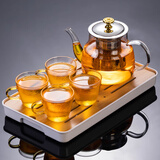 瓷牌茗茶具功夫茶具套装玻璃茶壶雅趣金盖泡茶壶加厚耐热泡茶壶家用 金盖雅趣壶沙粒纹杯+小长方盘 5件
