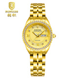 朗积（RONGISS） 黄金色手表商务情侣金表男士防水自动机械表瑞士女士纯金色腕表 单钻金色表-女款