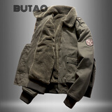 BUTAO 男装冬季棉衣男工装休闲外套加绒加厚棉服夹克短款棉袄新款 军绿色 L