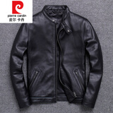 皮尔卡丹新款真皮皮衣头层牛皮立领皮夹克男休闲简约短款修身机车服皮外套针织 黑色 头层纯牛皮品质 M