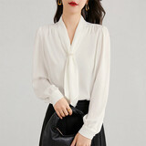 尚都比拉通勤飘带领白色衬衫女秋季上衣珍珠扣设计气质休闲时尚洋气衬衣