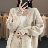恒源祥（HYX）新款秋冬V领中长款针织开衫女加厚外套毛衣冬款女士 米色 M