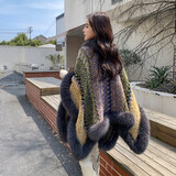 娆蝶丽江大理旅游毛球披肩仿獭兔毛大毛领民族风围巾斗篷披风外套女 全毛边加厚-绿拼灰高品质