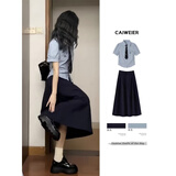 雅黛丝薇学院风套装连衣裙子女夏季2025新款小个子盐系穿搭法式高级感长裙 衬衫加领带+半身裙 M