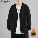 MMOPTOP日系纯色针织衫男士秋冬季保暖加绒宽松V领开衫MT2350JR黑色XL