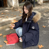 amber heey短款羽绒服女冬季小个子2025白鸭绒工装新款派克服高端毛领外套 藏青色 M 建议110-135斤