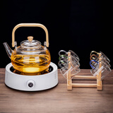 瓷牌茗茶具（cipaiming teaset） 电陶炉煮茶器煮茶壶茶炉家用小型电茶炉加厚耐热玻璃茶壶 竹柄煮茶壶+简约白炉6彩杯+架