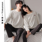 茵漫森2023新款情侣睡衣一男一女春秋款纯棉圆领可外穿家居服秋冬季套装 BF2812 女 M 码+男 XXL 码