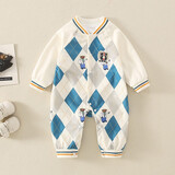 圆圆米米婴儿衣服连体衣春秋装3新生儿外出服4男5女宝宝6冬装洋气满月爬服 JX2343菱形格蓝色 80cm 6-9个月16-20斤