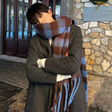 威普驰男士格子法式慵懒风围巾冬季新款保暖加厚马海毛披肩男款围脖 蓝咖格子【法式慵懒风】【大版型 男女通用款格子围巾