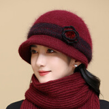 红蜻蜓女士中老年人帽子冬季老人帽毛线妈妈帽冬天奶奶婆婆老太太针织帽 兔毛混纺[单帽]W2415枣红色