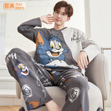 苔真纯棉男士睡衣春秋季长袖青少年学生大码卡通睡衣男秋冬家居服套装 LWE3148纯棉 男L码 (推荐100-130斤)
