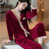 KJ睡衣女本命年红色家居服长袖睡衣睡裤套装金丝绒可外穿结婚新娘