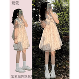 紫蒙碎花连衣裙夏季2024新款学生小个子高中初中生女生衣服小裙子夏天 时尚韩版碎花裙 均码（可备注码数）