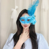 爱维逸万圣节面具男女半脸公主化装舞会儿童表演出道具装扮成人年会派对 龙纹羽毛蓝色升级版-适合4岁以上儿童及成人