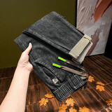 秋冬加绒弹力松紧腰系绳厚款牛仔裤男宽松小脚哈伦裤抽绳老爹裤潮 8802黑色 厚款 29 （建议105-120斤）