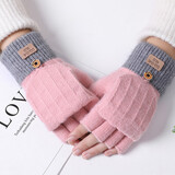 笙格儿 手套女冬季半指翻盖加绒防寒保暖学生韩版加厚可爱棉毛线针织露指手套女士秋冬天 粉色 均码有弹性