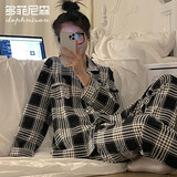 多菲尼森 睡衣女秋 ins网红韩国开衫格子长袖长裤简约甜美春季家居服两件套装可外穿 黑色格子睡衣 L码