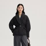 艾莱依西装式羽绒服女短款鹅绒重工提花收腰加厚保暖外套 炭黑M