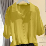 元乐申雪纺短袖衬衫女夏季薄款新款高级感法式V领中袖上衣 黄色 6188 XL 建议115-125斤