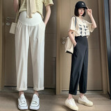 南叮雅格孕妇裤子夏季新款棉麻弹力直筒裤外穿宽松西装裤九分裤小个子夏装 黑色 M 80-110斤