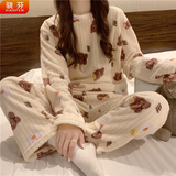骁芬可爱小熊珊瑚绒睡衣女秋冬季加厚印花家大码居服两件套暖暖套装 小熊暖暖米白 均码