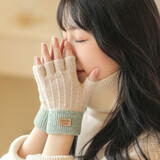 逐港手套女士冬天保暖加绒加厚防寒可爱骑行学生针织冬季露指半指手套 卡其色