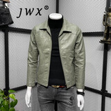 JWX香港潮牌修身皮衣夹克衫男 2025春季新款商务休闲机车PU皮短外套 绿色(建议拍大一码) M (适合105斤以下)
