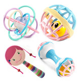 爱奇天使曼哈顿球牙胶摇铃拨浪鼓磨牙咬咬乐宝宝婴幼儿童手抓球新生儿玩具 牙胶环+手摇铃2个+波浪鼓(粉色)