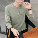 慈良新款秋季男士棉长袖修身韩版潮流国风刺绣个性圆领T恤潮装上衣服 绿色 XL (120斤-135斤)