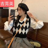 吉莞美新款春秋季外搭v领网红韩版叠穿短款毛衣背心针织马甲马夹女 黑色马甲 M【70-120斤可穿】