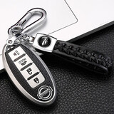 萨迪达日产汽车钥匙套14代轩逸天籁奇骏逍客东风尼桑骐达蓝鸟劲客包扣壳 D款4键/皮纹【太空银】+编织扣 适用日产